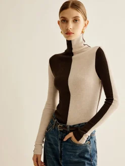 COMMENSE Wool-Blend Turtleneck Color Block Knit Top* Sweater Tops|Sweaters & Cardigans