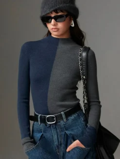 COMMENSE Wool-Blend Two Tone Skinny Knit Top* Sweater Tops|Sweaters & Cardigans