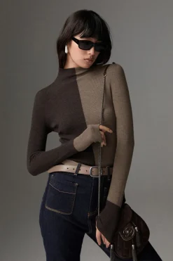 COMMENSE Wool-Blend Two Tone Skinny Knit Top* Sweater Tops|Sweaters & Cardigans