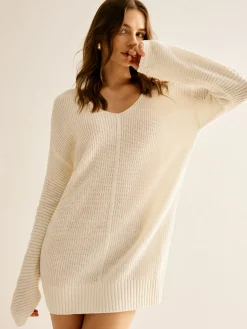 COMMENSE Wool-Blend V-Neck Sweater Dress Without Belt* White Dresses|Sweater Dresses