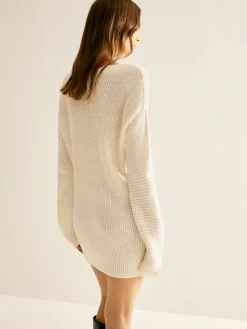 COMMENSE Wool-Blend V-Neck Sweater Dress Without Belt* White Dresses|Sweater Dresses