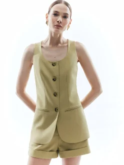 COMMENSE Woolen Button Split Pleated Vest* Outerwear|Vests