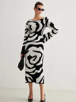 COMMENSE Zebra Bell Sleeve Sweater Dress* White Dresses|Sweater Dresses