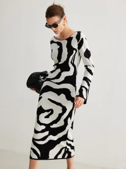COMMENSE Zebra Bell Sleeve Sweater Dress* White Dresses|Sweater Dresses