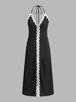 COMMENSE Zig Zag Edge Halter Midi Dress* Black Dresses|Vacation Dresses