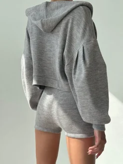 COMMENSE Zip Up Hoodie Three Piece Rib Shorts Set* Shorts Sets|Long Sleeve Sets