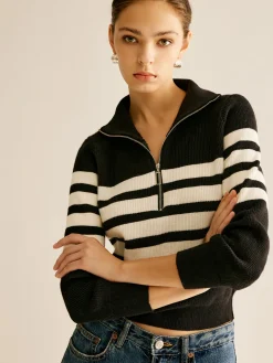 COMMENSE Zipper Striped Knit Top* Knitwear|Tops